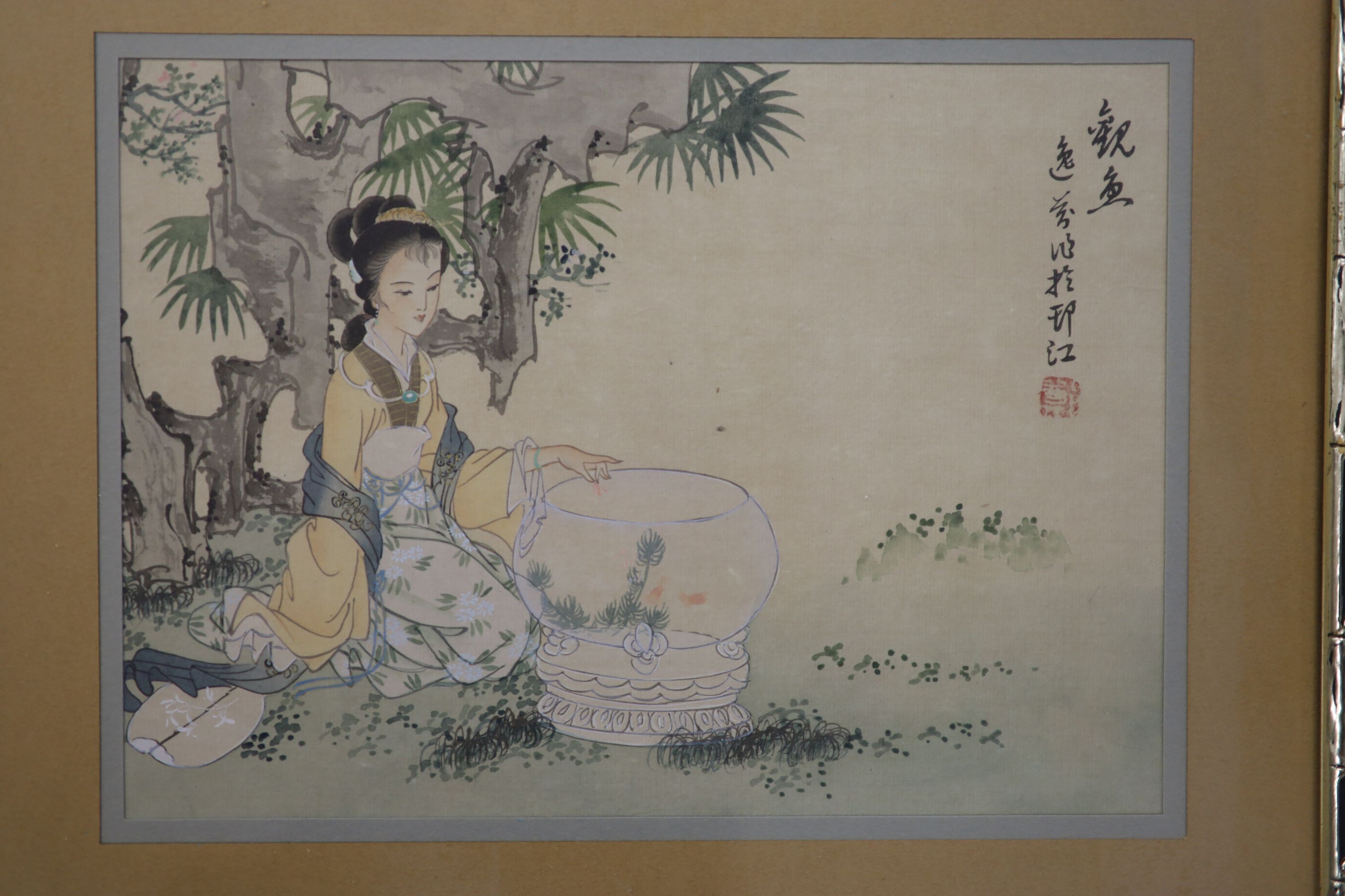 Four assorted Asian decorated silk panels and three other pictures, largest 30 x 21cm